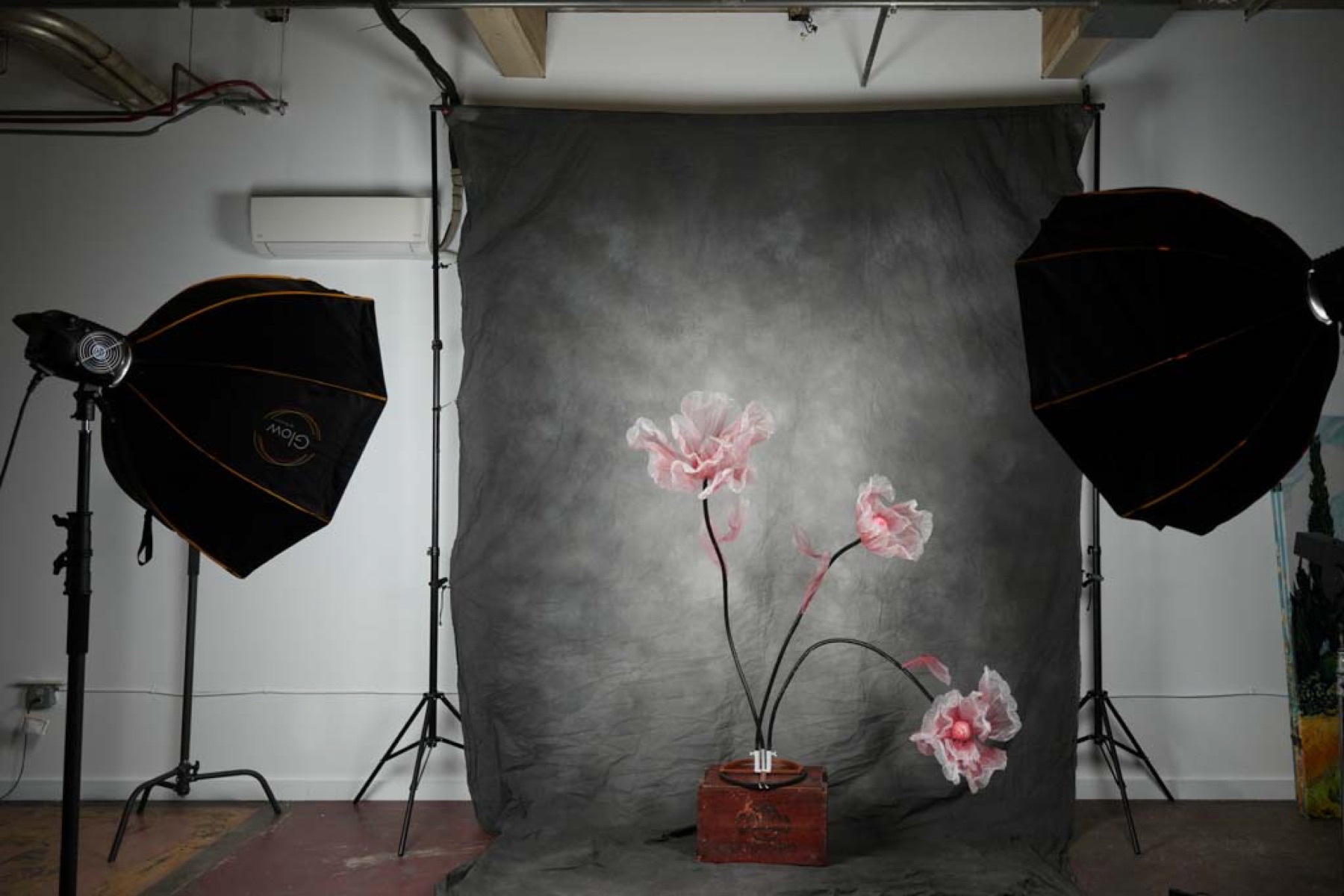 Still-life setup with paper flowers